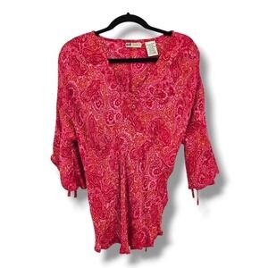 Faded Glory‎ Womens XL Paisley Print 3/4 Sleeve V Neck Tie Waist Top